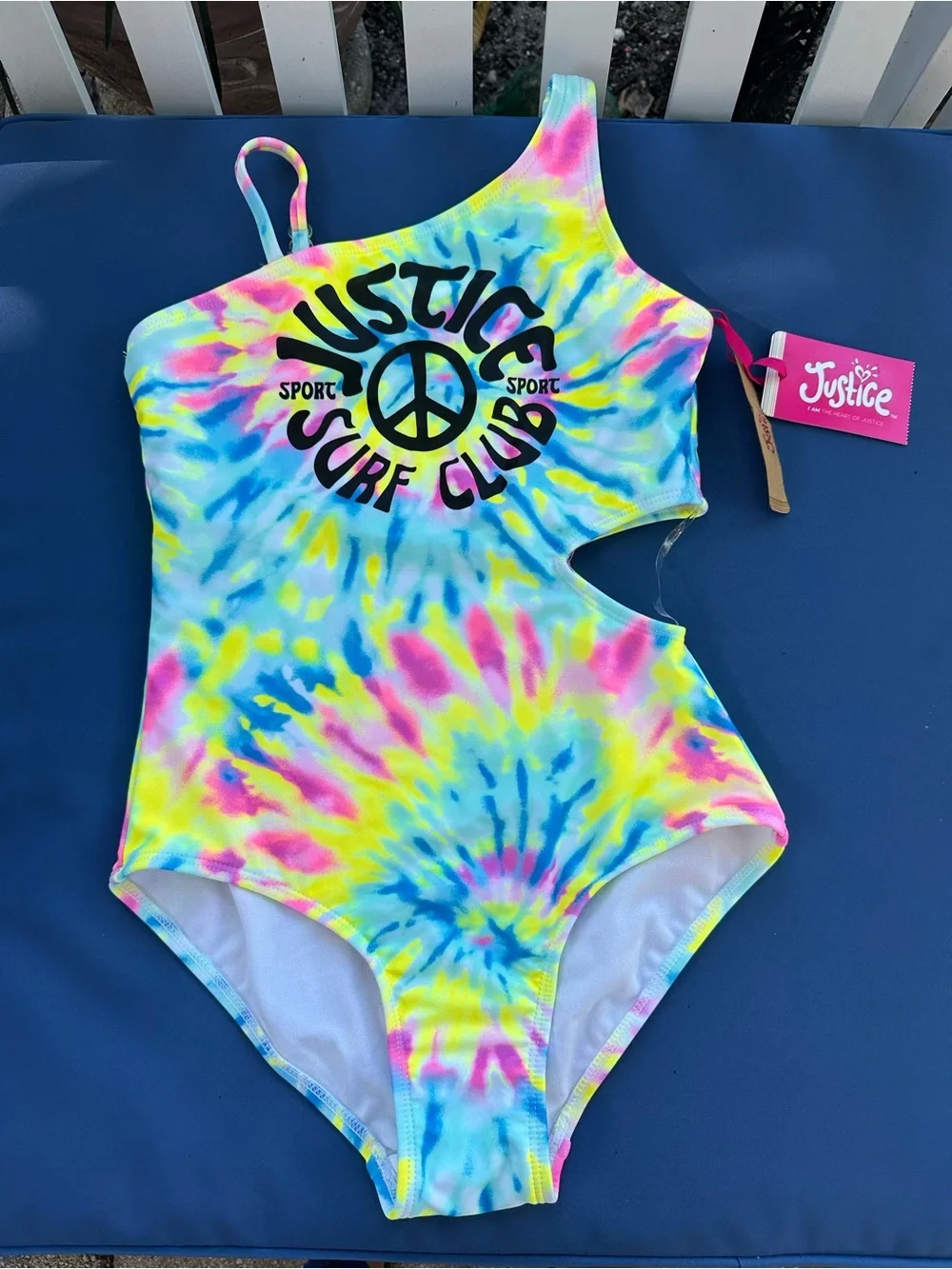 NWT Justice Tie-Dye One-Shoulder Swimsuit in Neon Blue, Yellow & Pink Size 12-14
